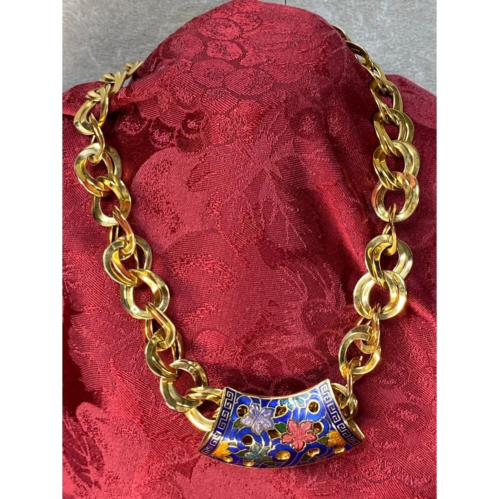 Vintage Cloisonne Chunky Large Chain Link Gold Tone Collar Necklace Statement Pi - Picture 3 of 8